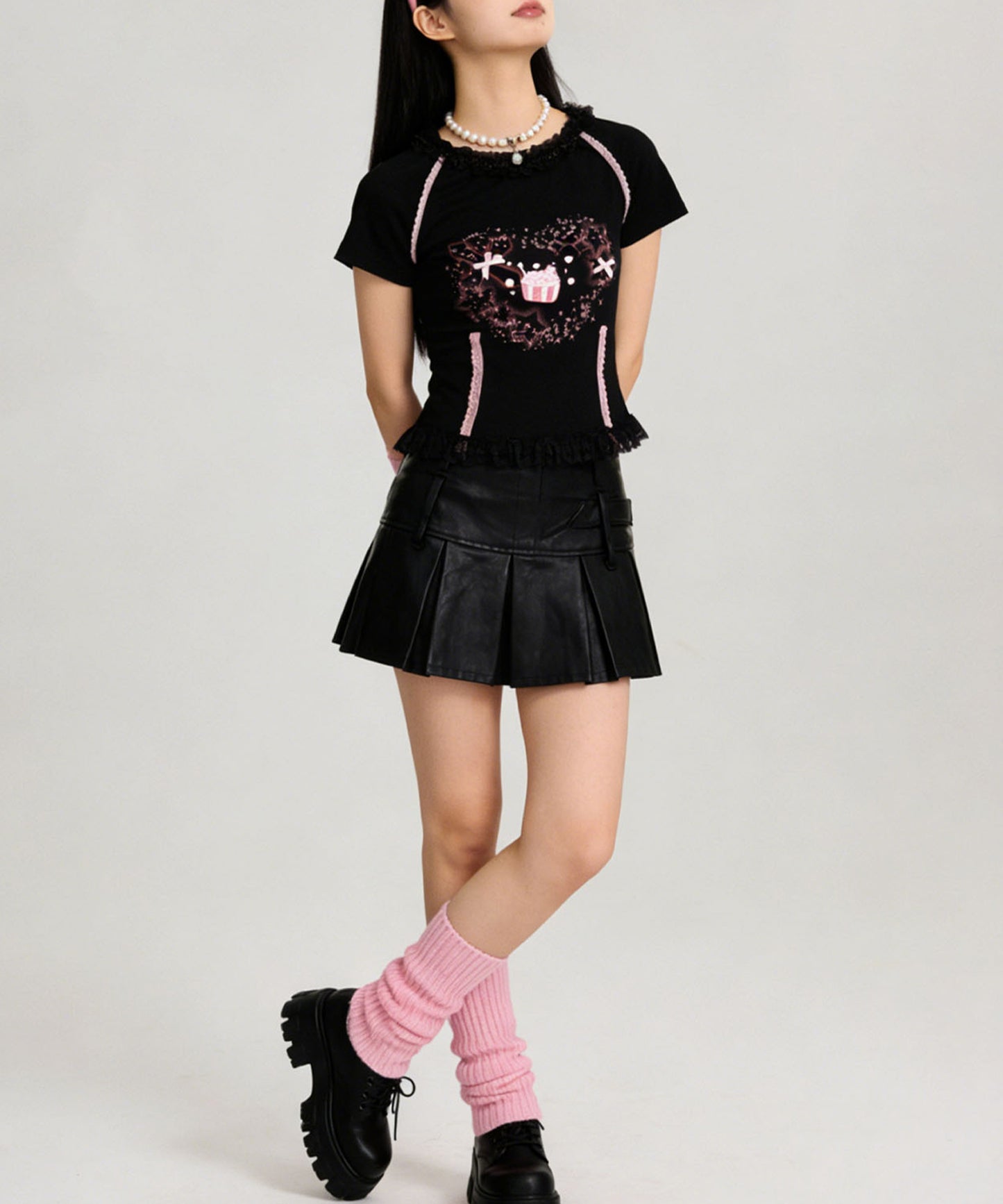 HOOK for girls　リボン×プリント レースTシャツ