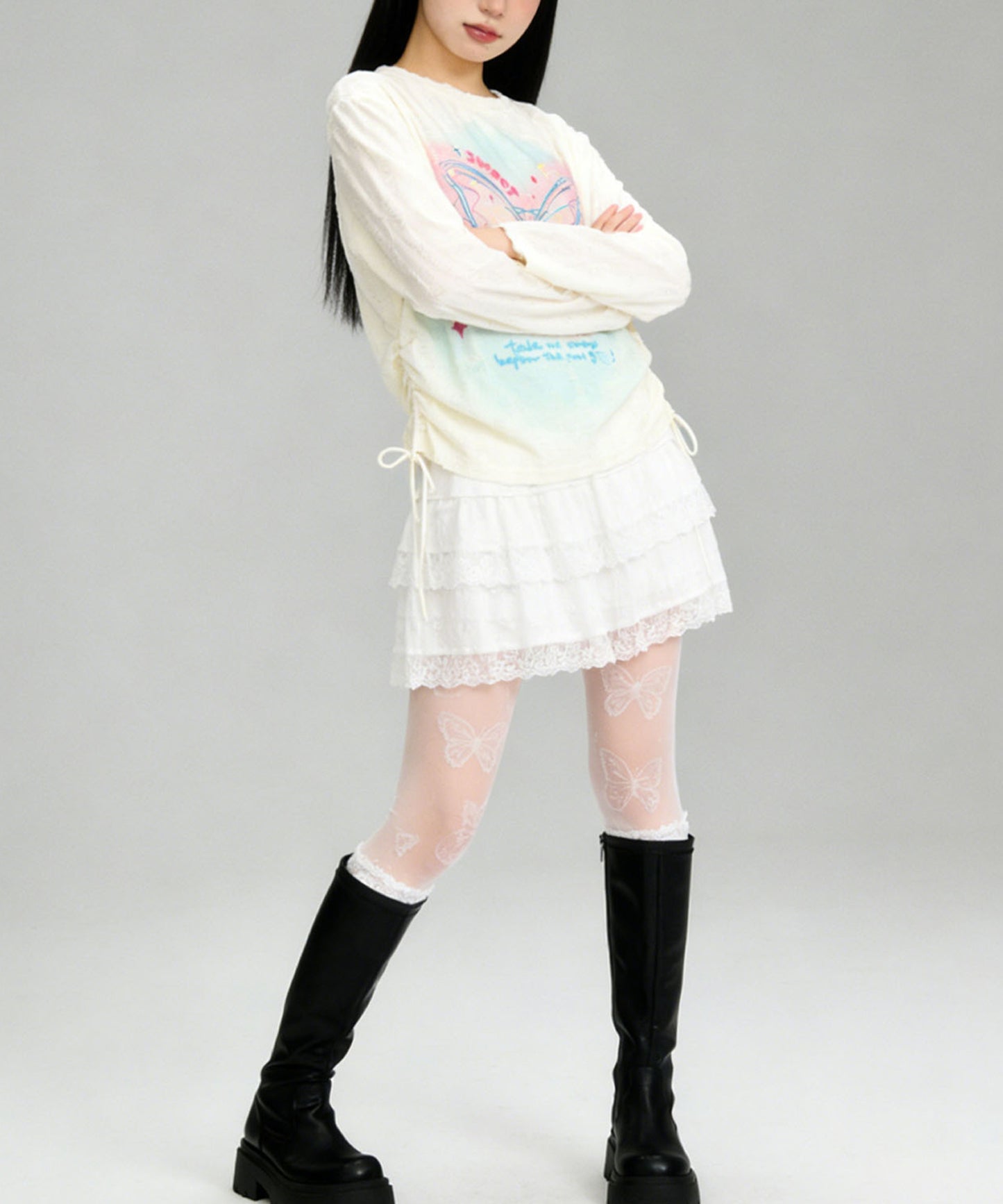 HOOK for girls　キラキラストーン × バタフライプリント ダメージメッシュ カットソー