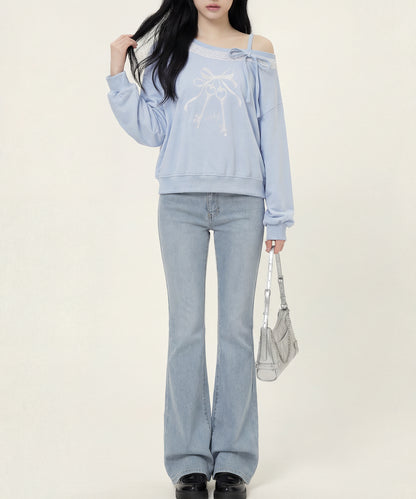 HOOK　for girls -original-　リボンキープリントレースワンショルダーリブトップス