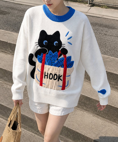 HOOK -original-　「あれ？魚1本足りない」パッチワークニットプルオーバー