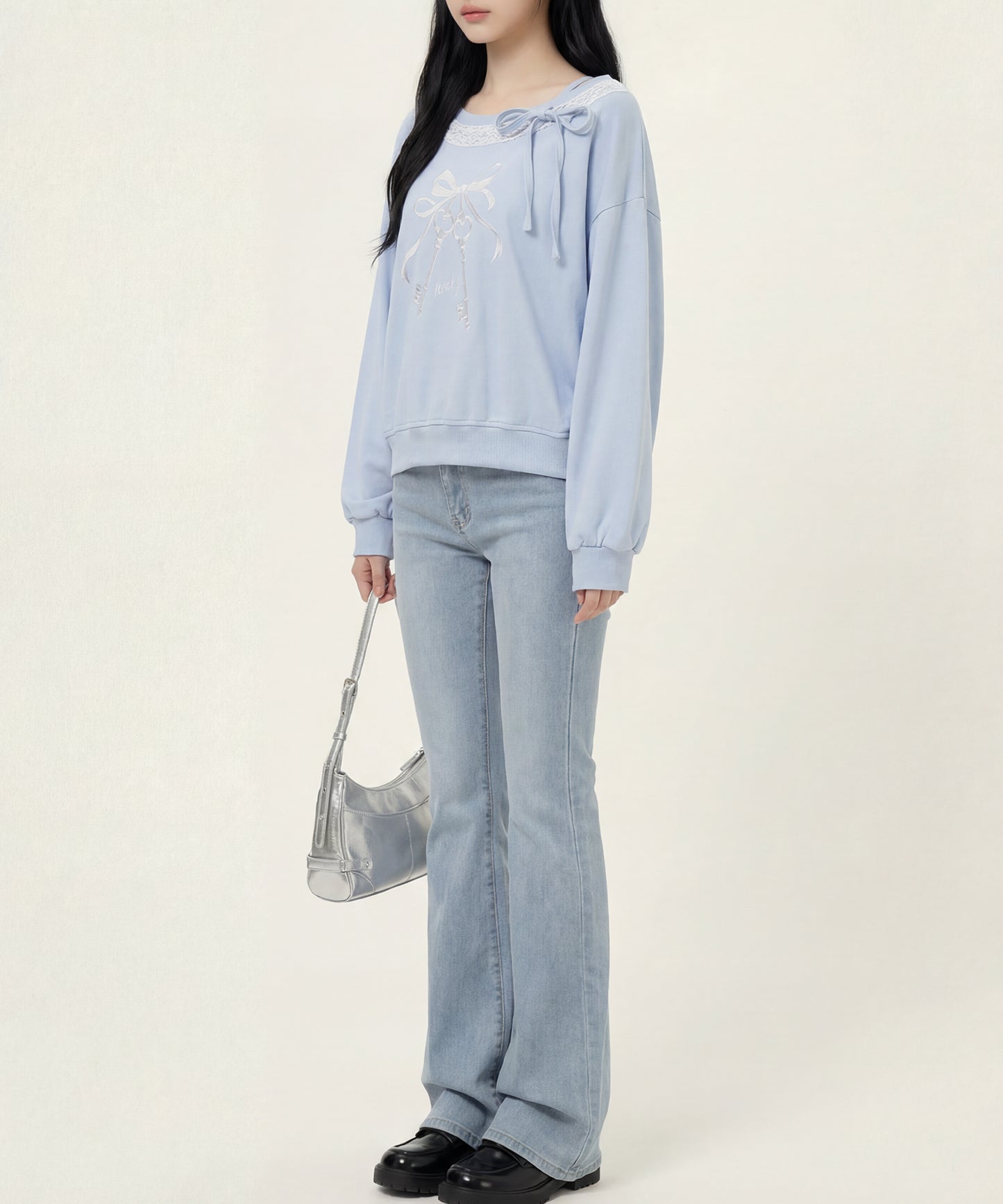 HOOK　for girls -original-　リボンキープリントレースワンショルダーリブトップス