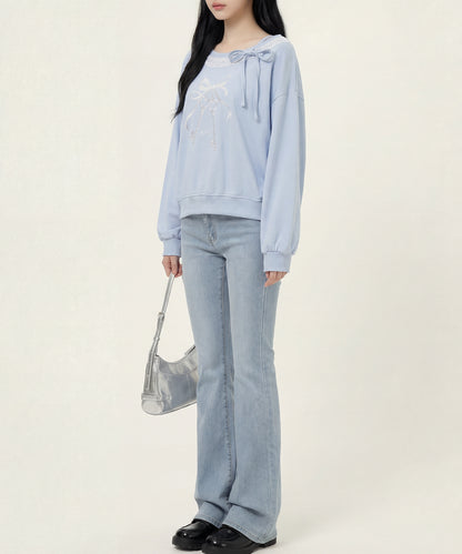 HOOK　for girls -original-　リボンキープリントレースワンショルダーリブトップス