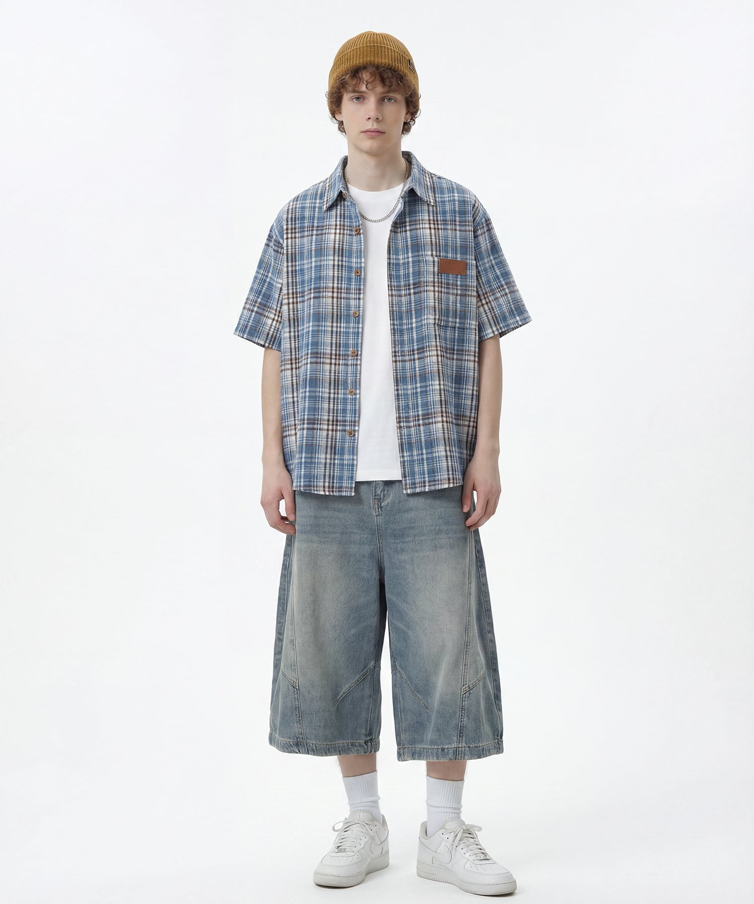 HOOK -original- Big Shirt with Tartan Check Leather Patch