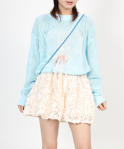 HOOK for girls ハートうさぎ透かし編みリボン付きニットプルオーバー