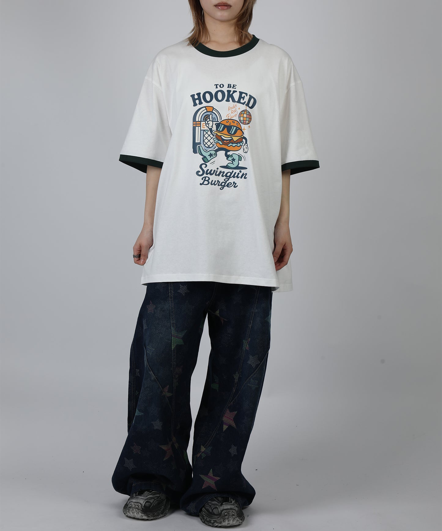 HOOK -original-　フードモチーフ アメリカンカートゥーンプリント ビッグTシャツ