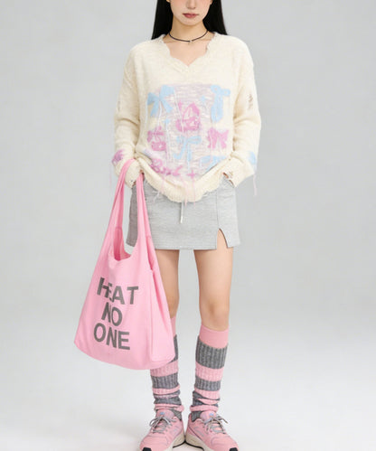 HOOK for girls　フリンジリボン柄 透かし編みサマーニット