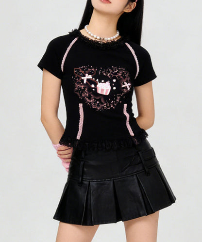 HOOK for girls　リボン×プリント レースTシャツ