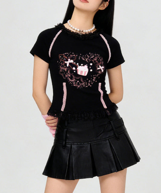 HOOK for girls　リボン×プリント レースTシャツ