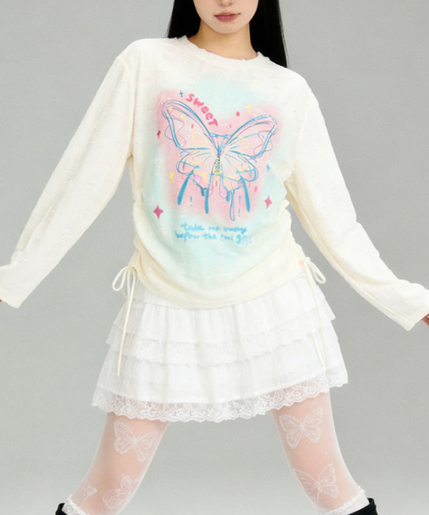 HOOK for girls　キラキラストーン × バタフライプリント ダメージメッシュ カットソー