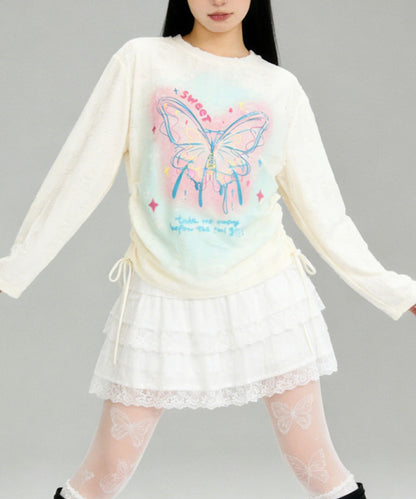 HOOK for girls　キラキラストーン × バタフライプリント ダメージメッシュ カットソー