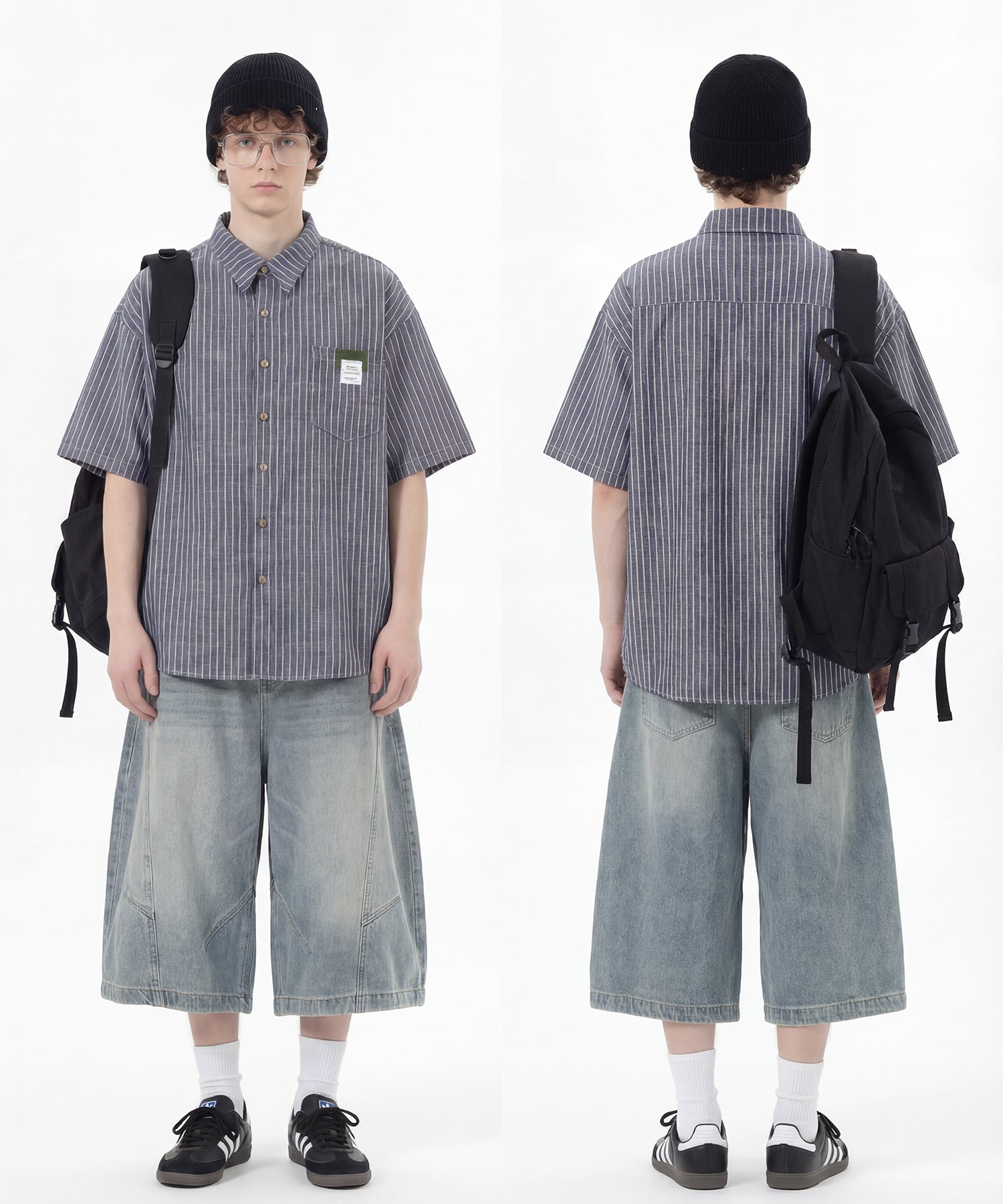 ネクタイ付き半袖グリッドチェックシャツ (SS)