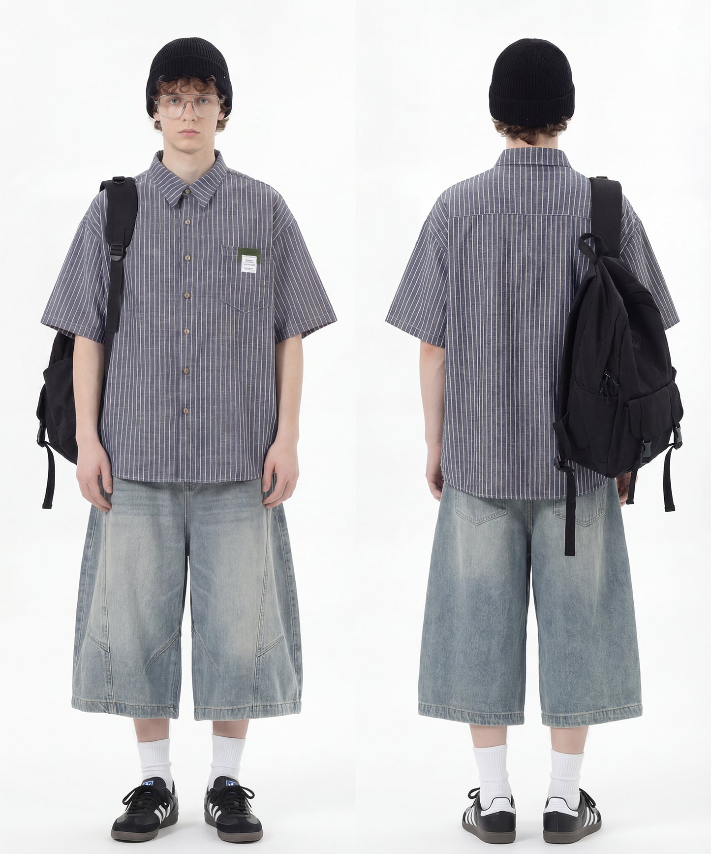 ネクタイ付き半袖グリッドチェックシャツ (SS)