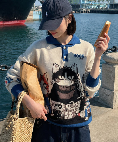 HOOK -original-　猫カフェポロ襟ニットプルオーバー