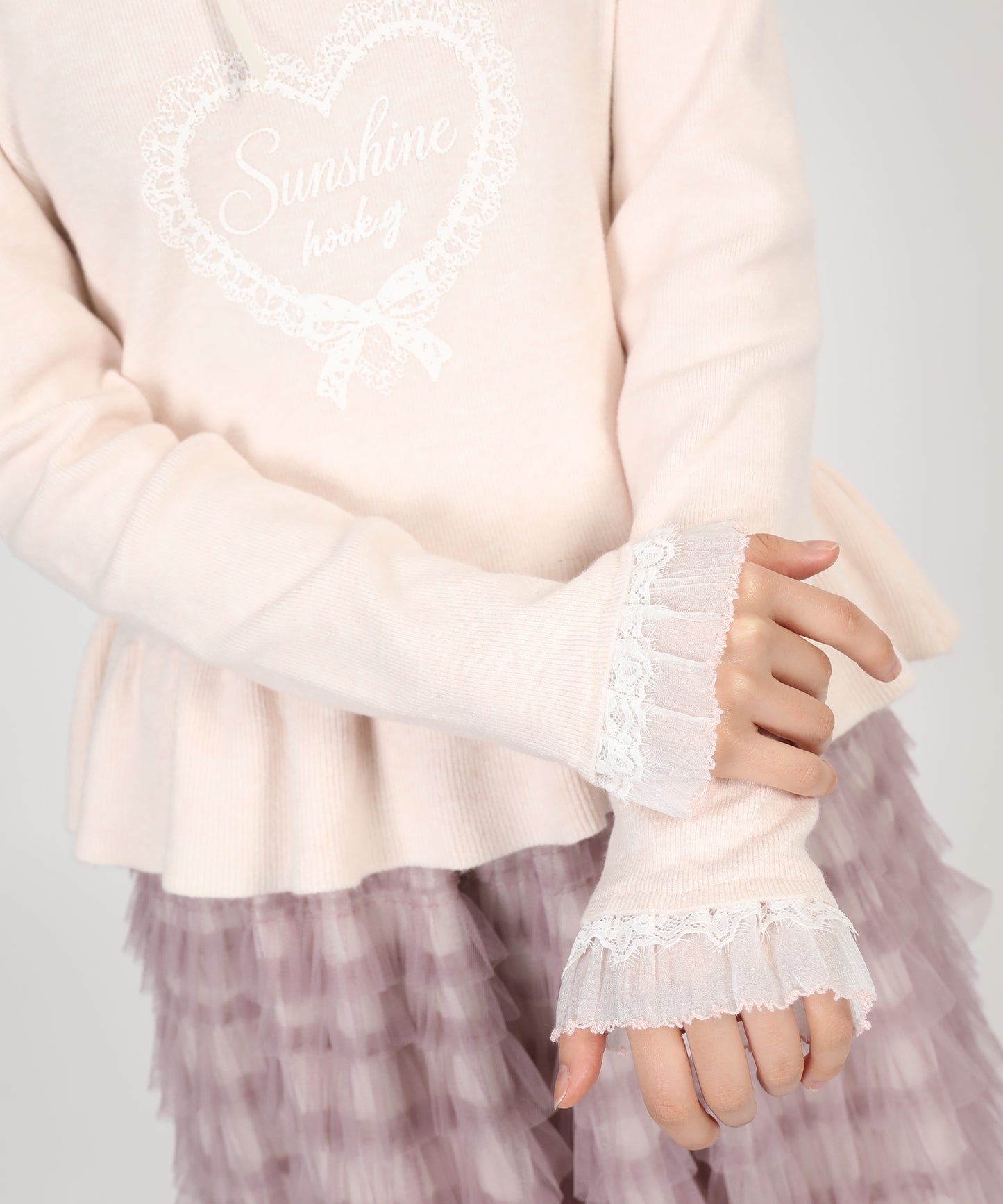 HOOK for girls レースハートプリントリボン付きペプラムニットプルオーバー