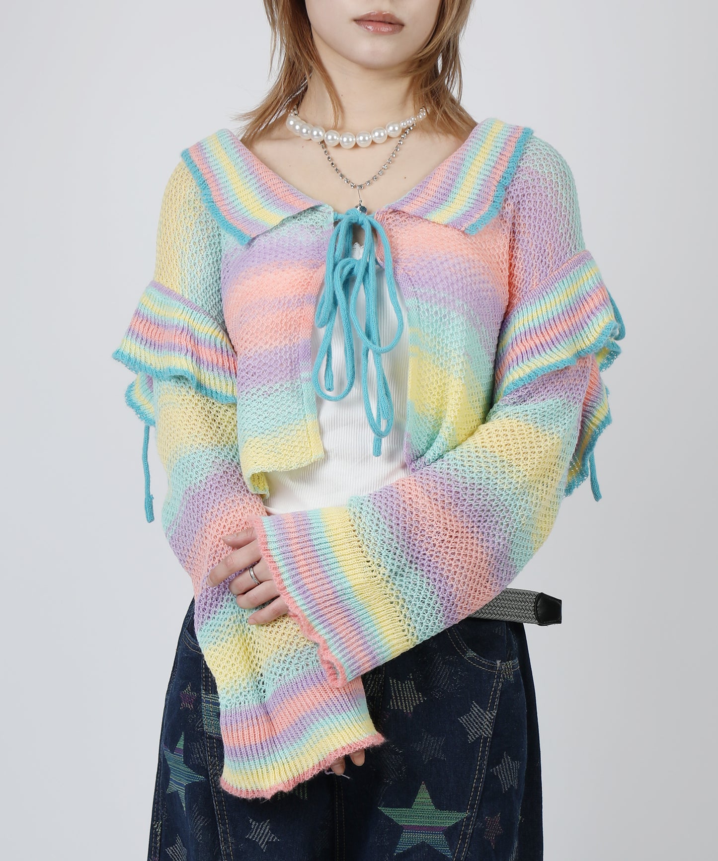 HOOK for girls　透かし編みマルチカラーフリルニットカーディガン