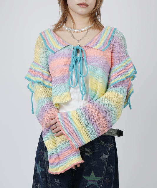 HOOK for girls　透かし編みマルチカラーフリルニットカーディガン