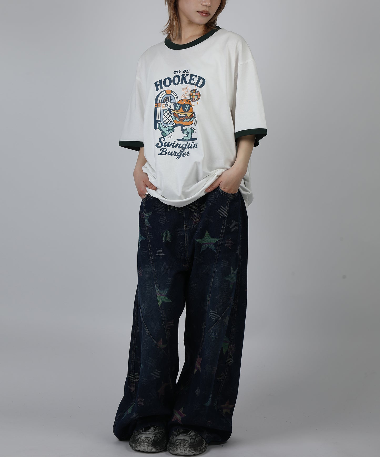 HOOK -original-　フードモチーフ アメリカンカートゥーンプリント ビッグTシャツ