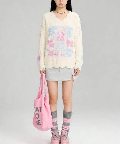 HOOK for girls　フリンジリボン柄 透かし編みサマーニット