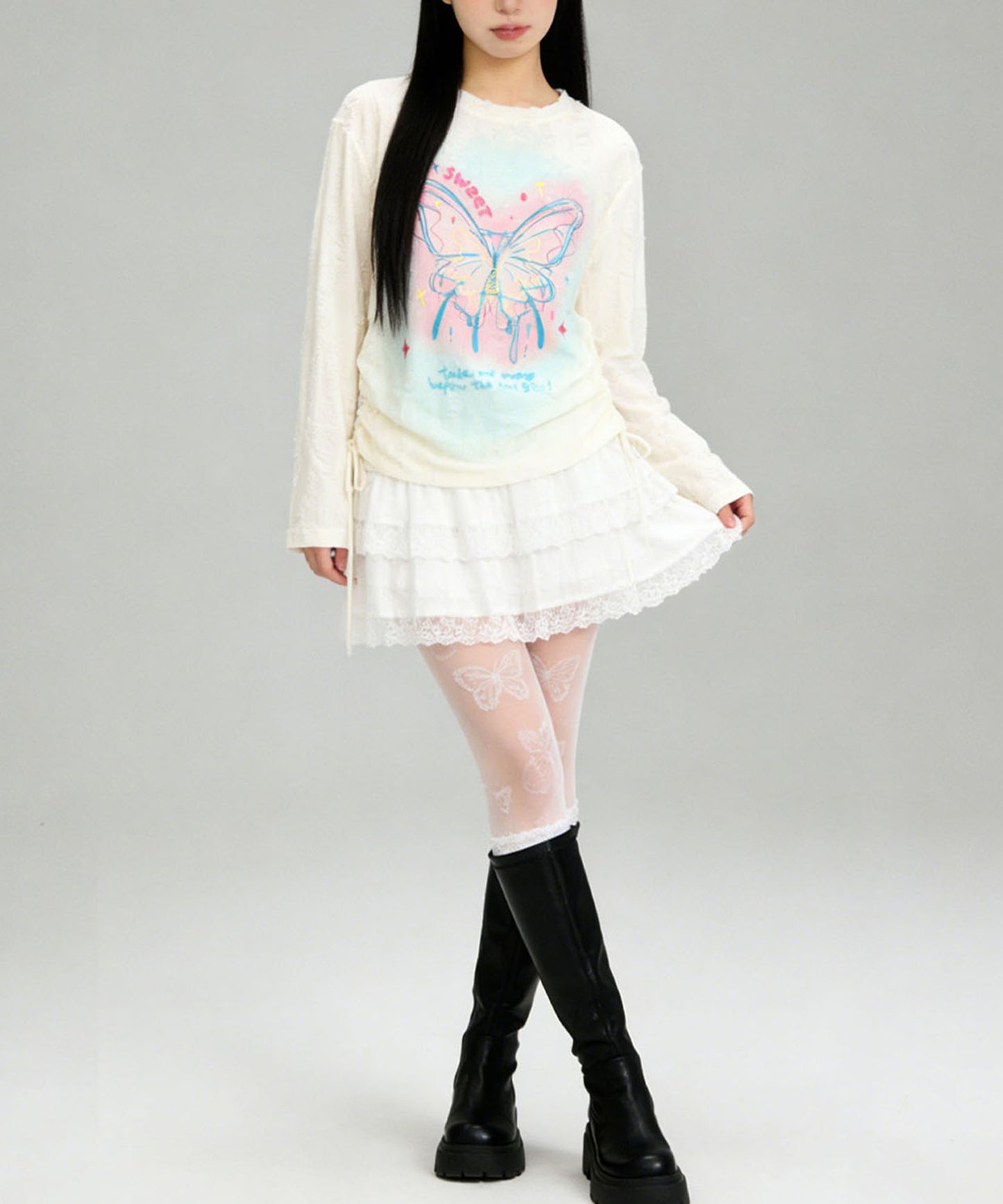 HOOK for girls　キラキラストーン × バタフライプリント ダメージメッシュ カットソー