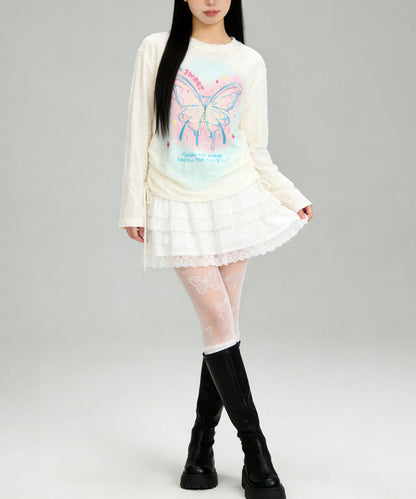 HOOK for girls　キラキラストーン × バタフライプリント ダメージメッシュ カットソー