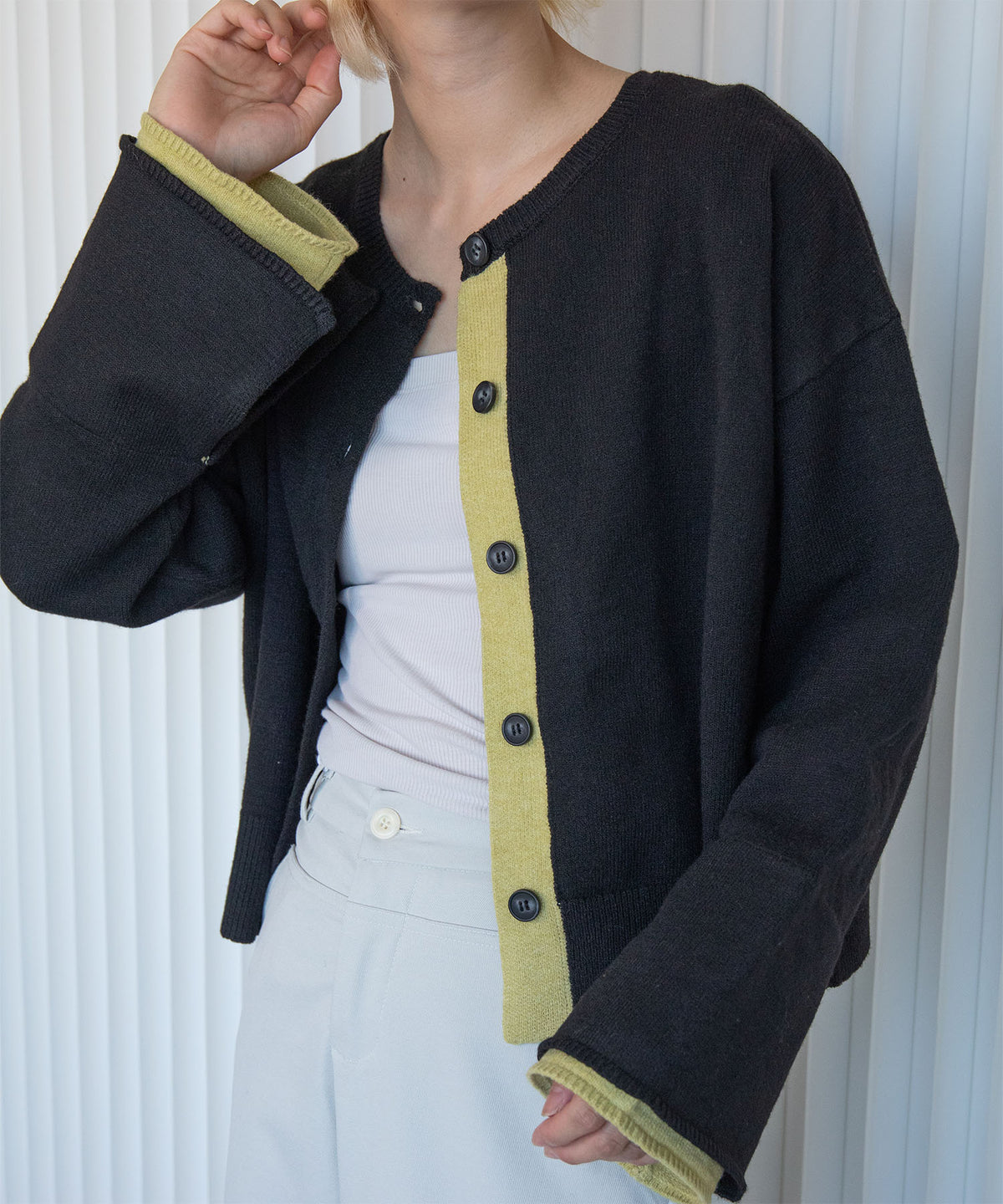 aimoha/7G配色ワイドクルーネックカーディガン