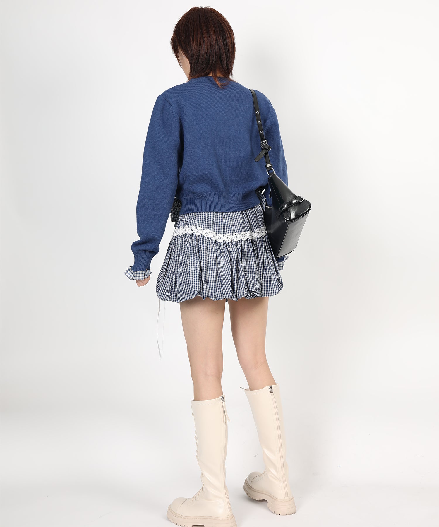 HOOK for girls ギンガムリボンショート丈ニットカーディガン