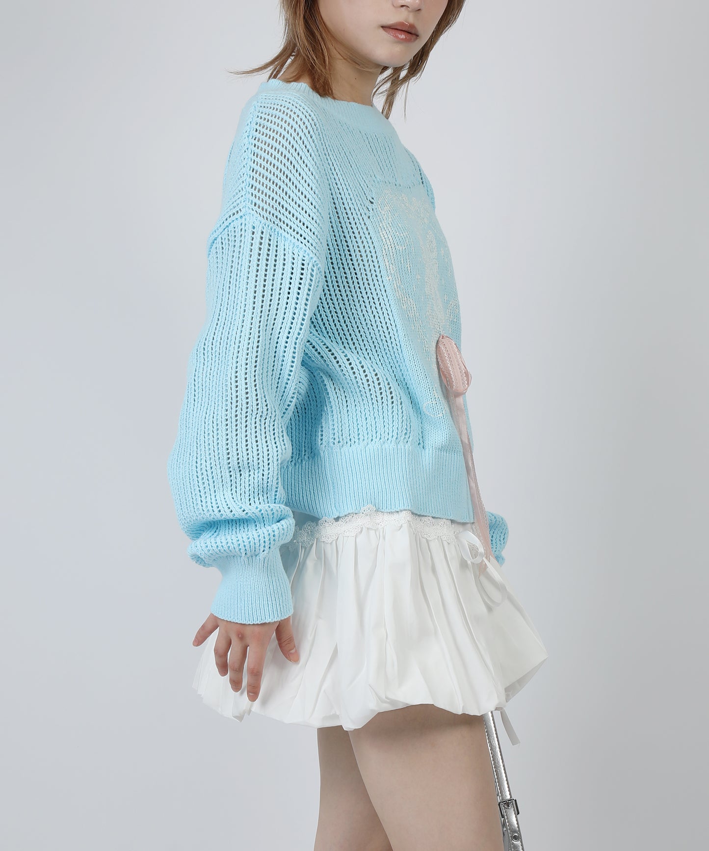 HOOK for girls ハートうさぎ透かし編みリボン付きニットプルオーバー