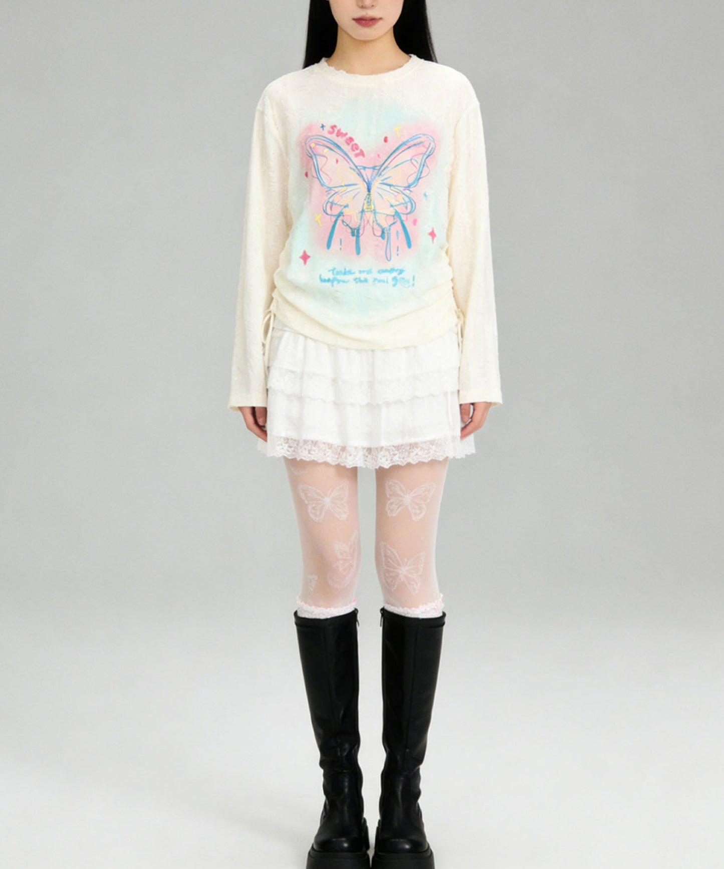 HOOK for girls　キラキラストーン × バタフライプリント ダメージメッシュ カットソー