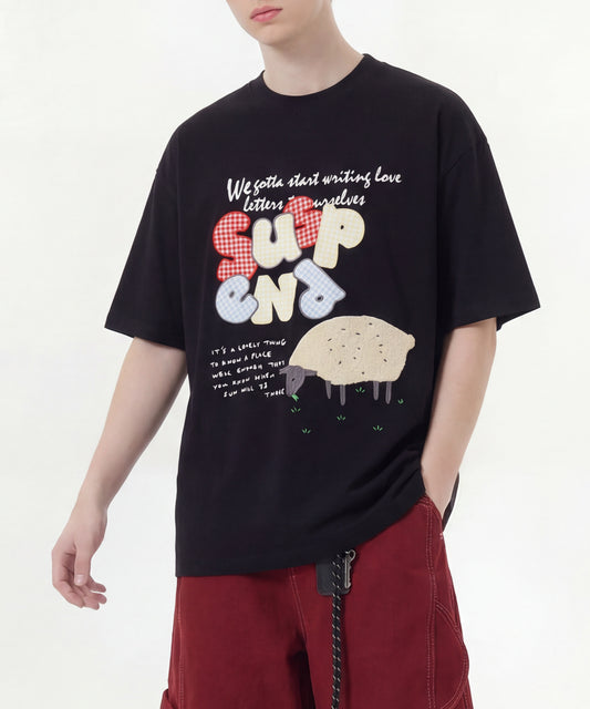 ギンガムパッチワーク文字アップリケ × もこもこひつじ刺繍 ビッグTシャツ (SS)