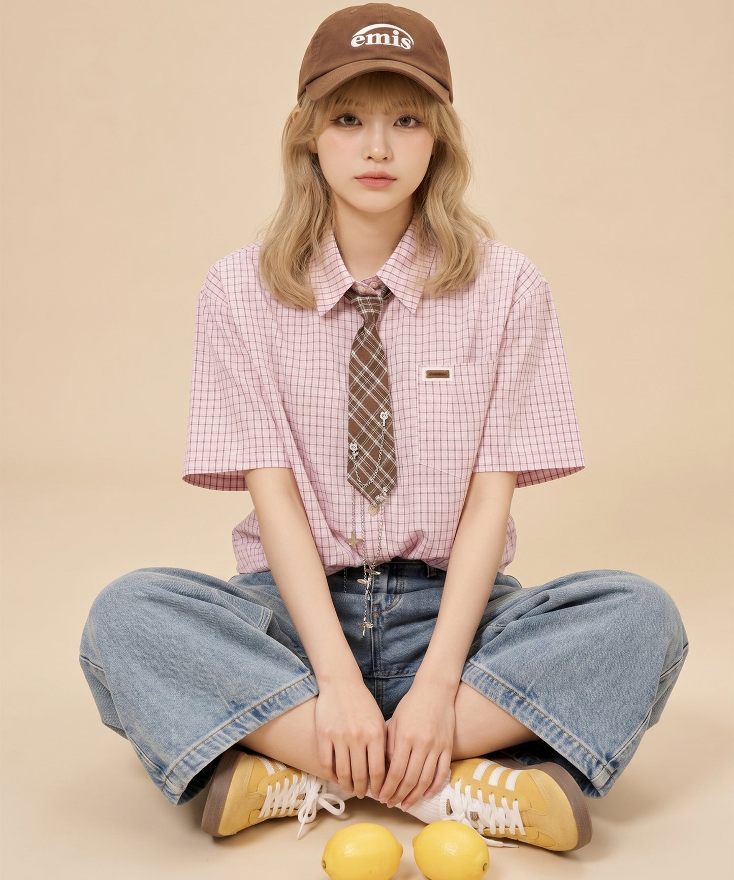 チェーン付きネクタイ＆半袖グリッドチェックシャツ