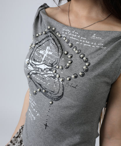 HOOK for girls クロス柄グラフィック オフショルダークロップドTシャツ