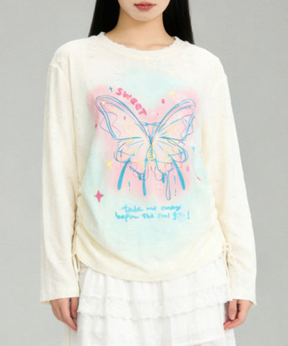 HOOK for girls　キラキラストーン × バタフライプリント ダメージメッシュ カットソー