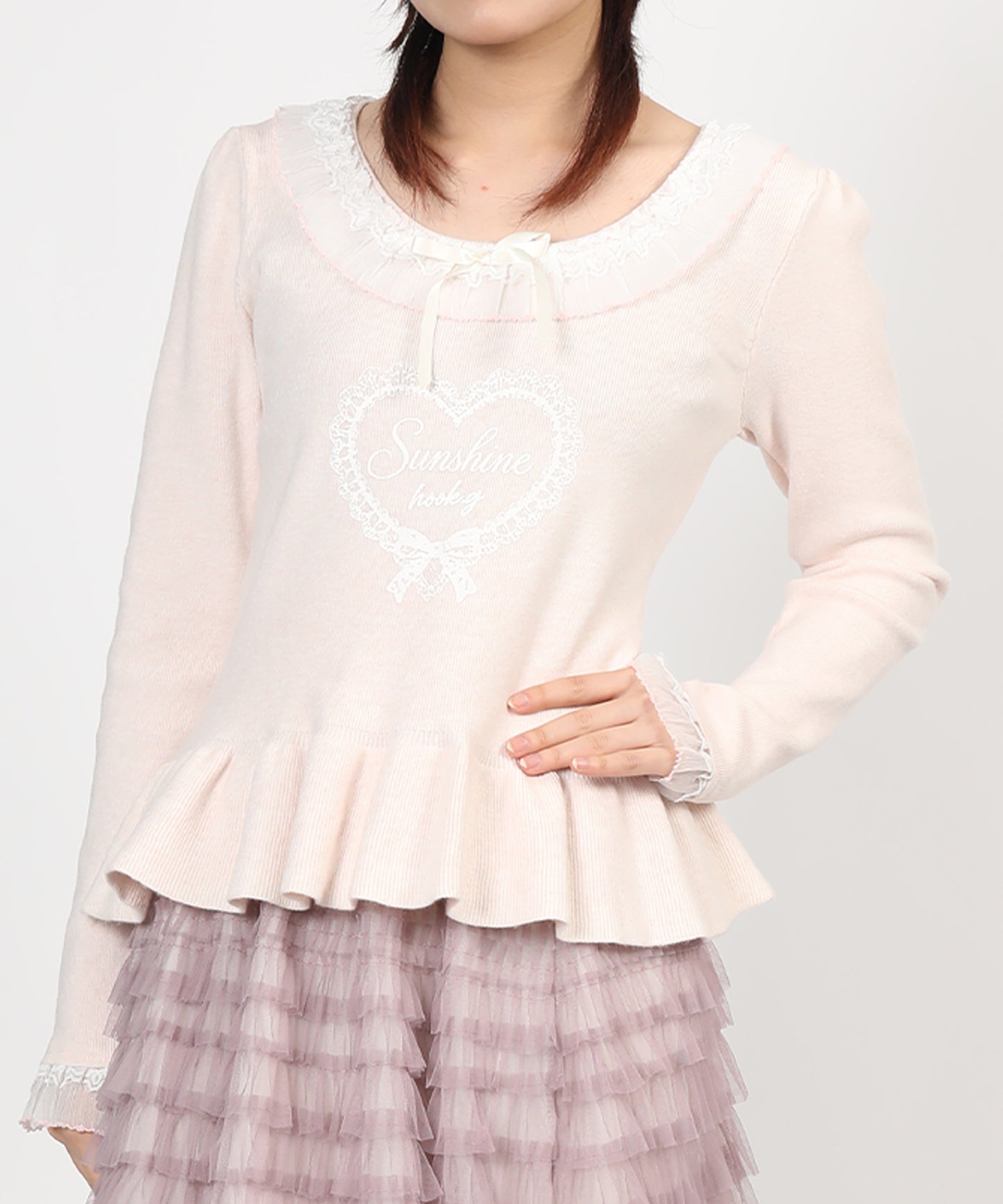 HOOK for girls レースハートプリントリボン付きペプラムニットプルオーバー