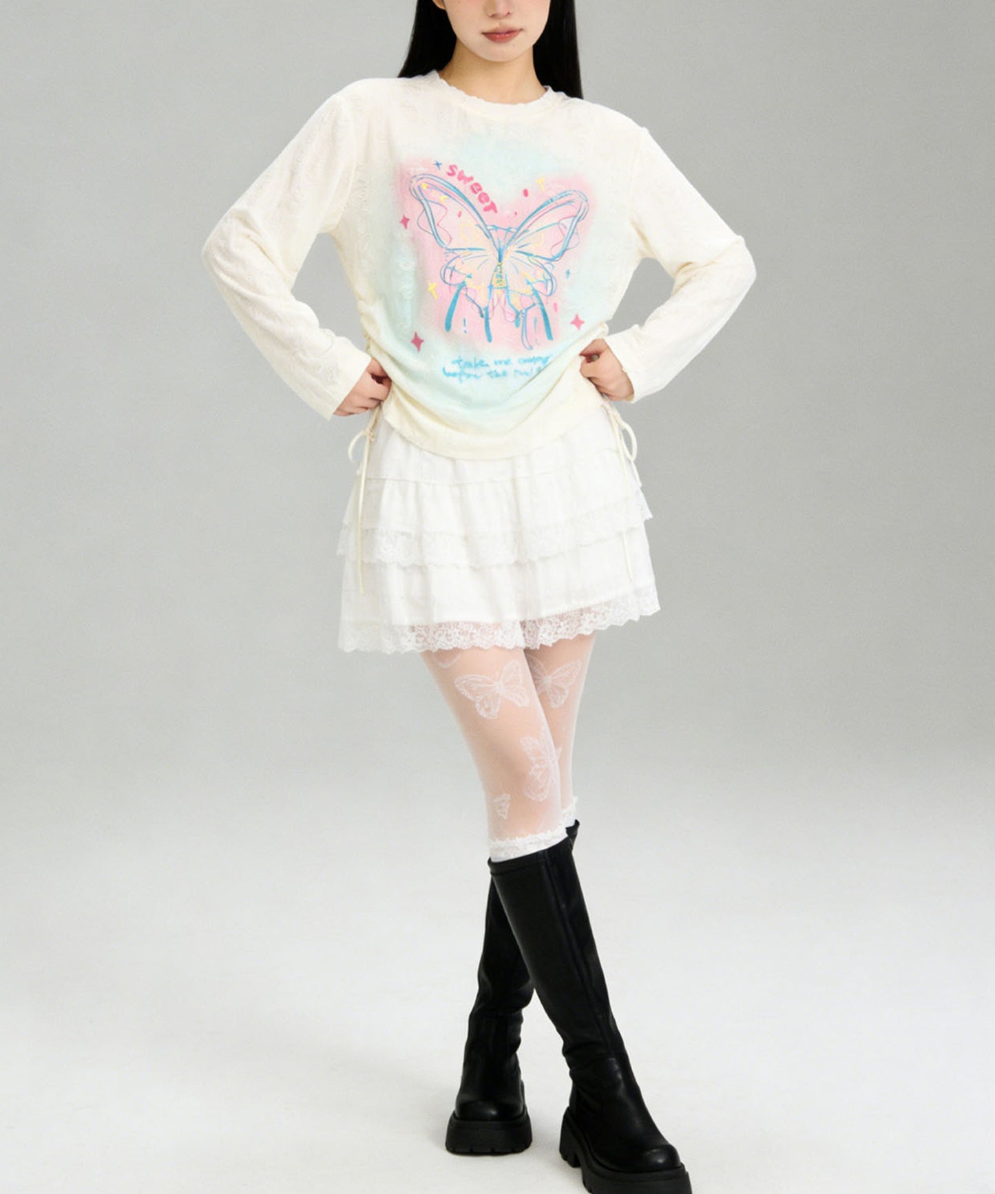 HOOK for girls　キラキラストーン × バタフライプリント ダメージメッシュ カットソー