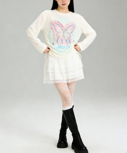 HOOK for girls　キラキラストーン × バタフライプリント ダメージメッシュ カットソー