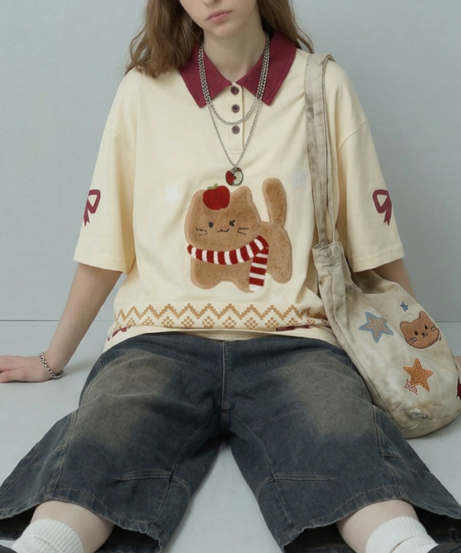 ふわふわネコ刺繍 半袖ポロシャツ (SS)