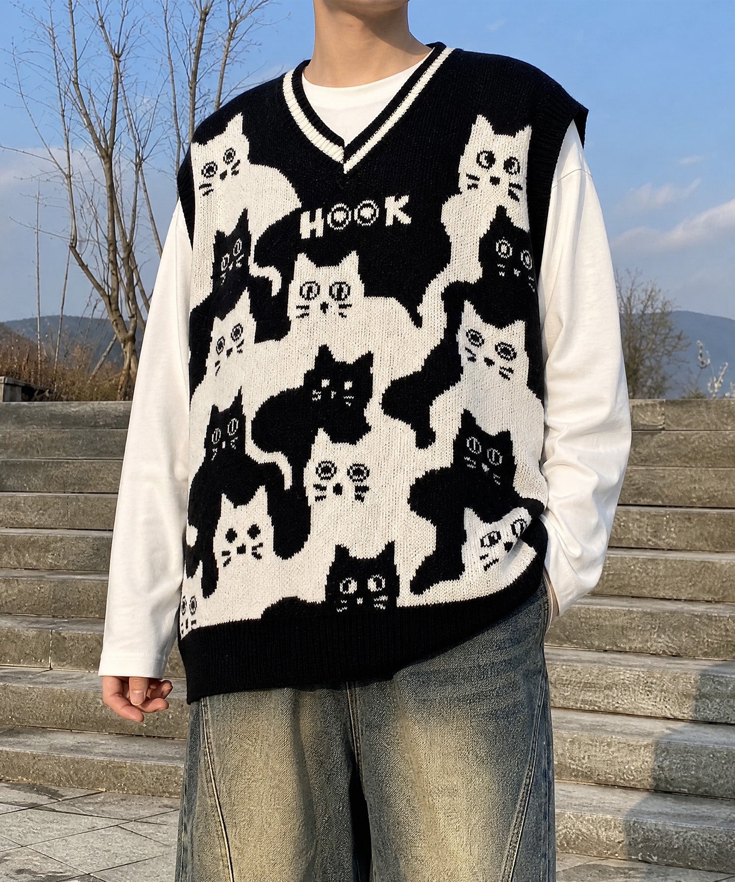 HOOK -original-　「猫何匹いる？」バイカラーニットベスト