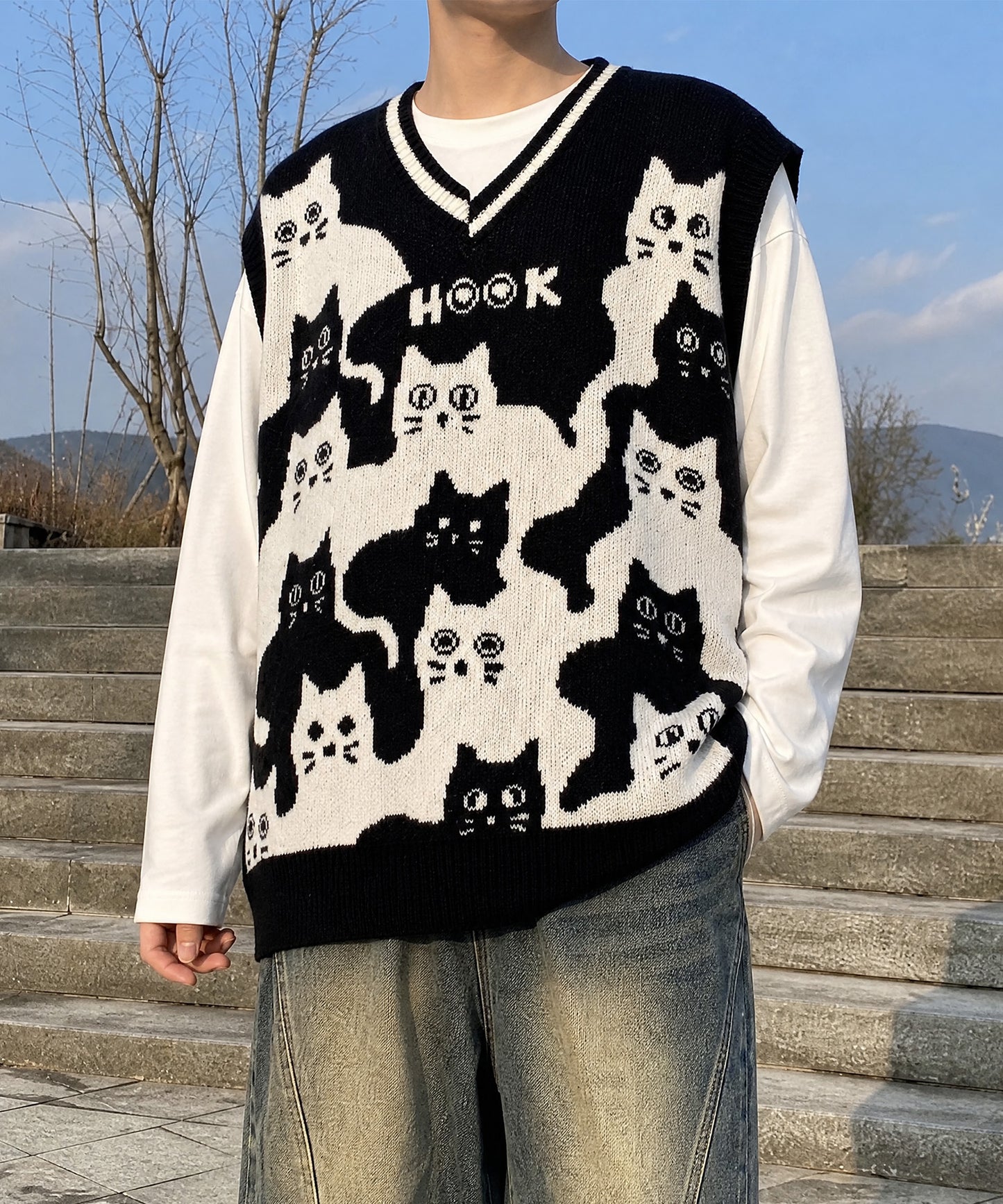 HOOK -original-　「猫何匹いる？」バイカラーニットベスト