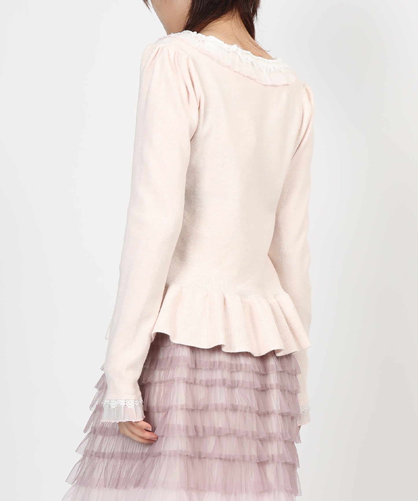 HOOK for girls レースハートプリントリボン付きペプラムニットプルオーバー
