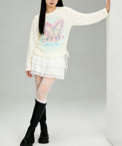 HOOK for girls　キラキラストーン × バタフライプリント ダメージメッシュ カットソー