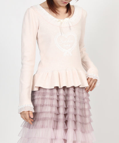 HOOK for girls レースハートプリントリボン付きペプラムニットプルオーバー