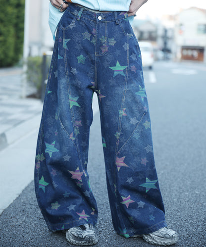 HOOK -select-　スター柄ジャカードカーブワイドデニムパンツ