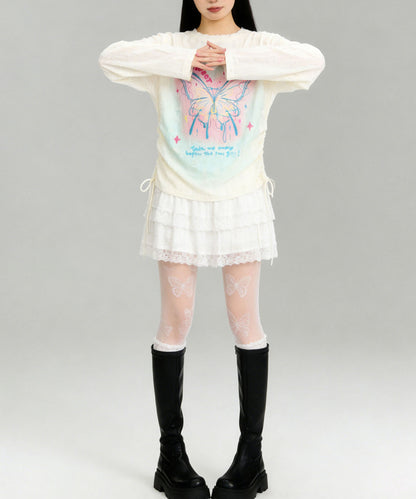 HOOK for girls　キラキラストーン × バタフライプリント ダメージメッシュ カットソー