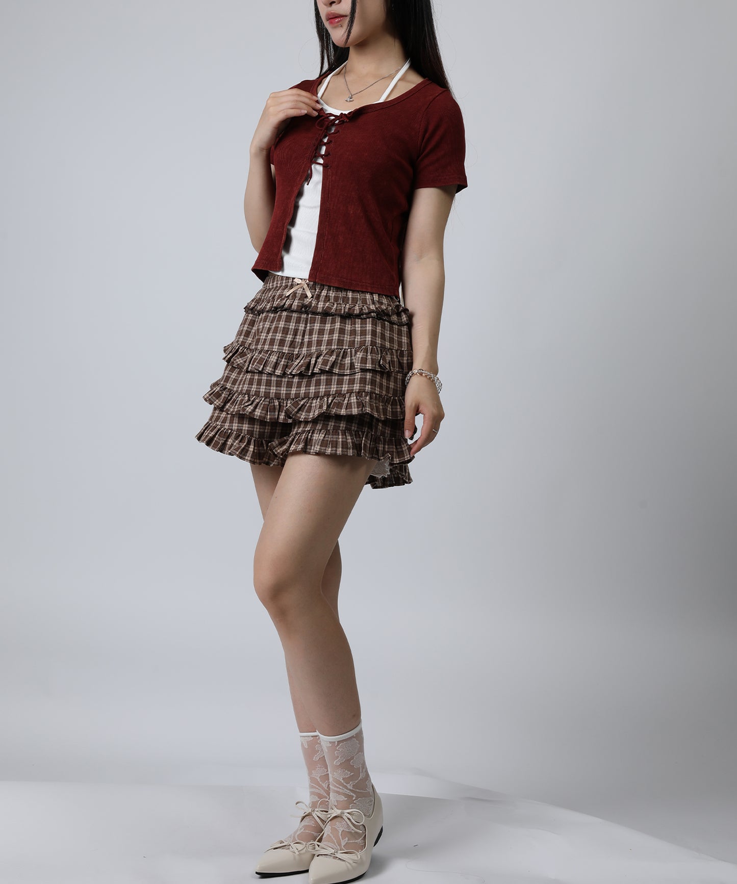 HOOK for girls キャミソールレイヤード風クロップド編み上げ半袖トップス