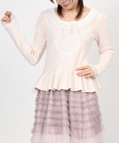 HOOK for girls レースハートプリントリボン付きペプラムニットプルオーバー