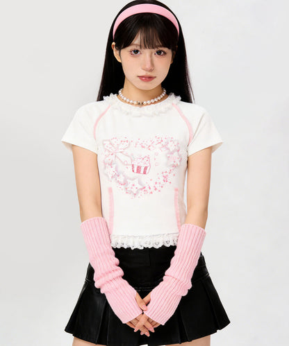 HOOK for girls　リボン×プリント レースTシャツ