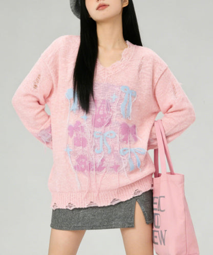 HOOK for girls　フリンジリボン柄 透かし編みサマーニット