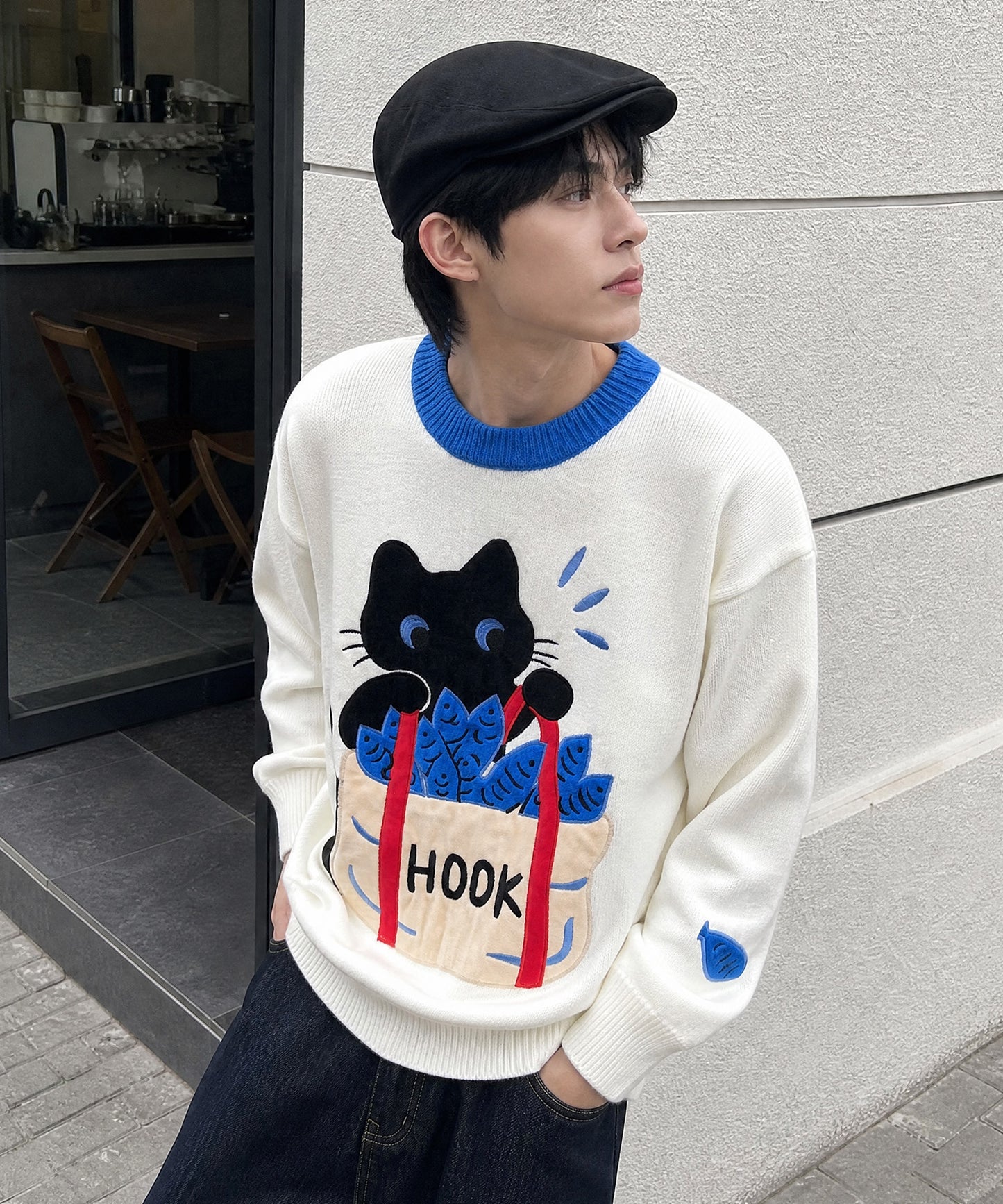 HOOK -original-　「あれ？魚1本足りない」パッチワークニットプルオーバー