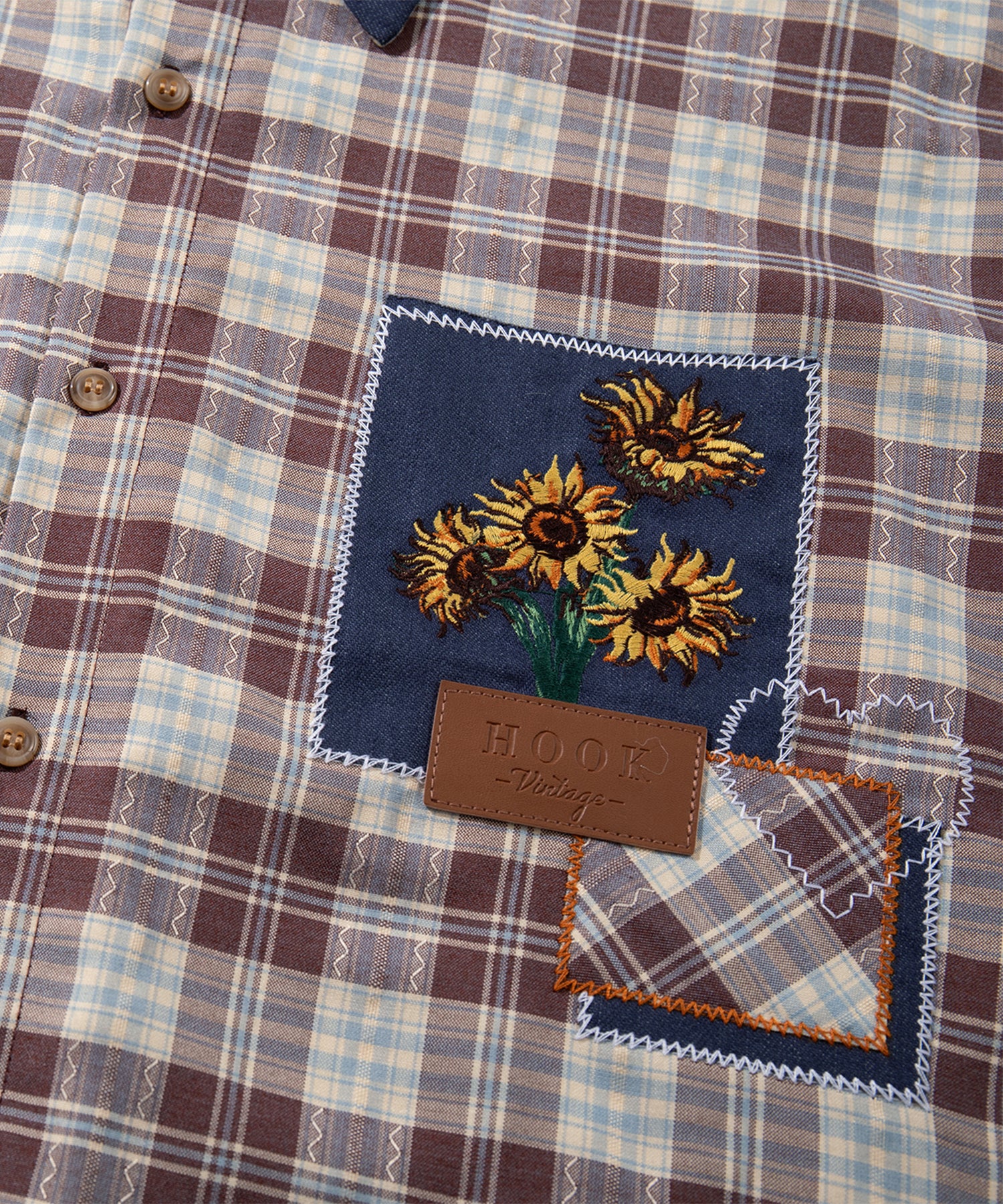HOOK -original- Retro Multi-Check Patchwork Sunflower Embroidered Short-Sleeve Shirt