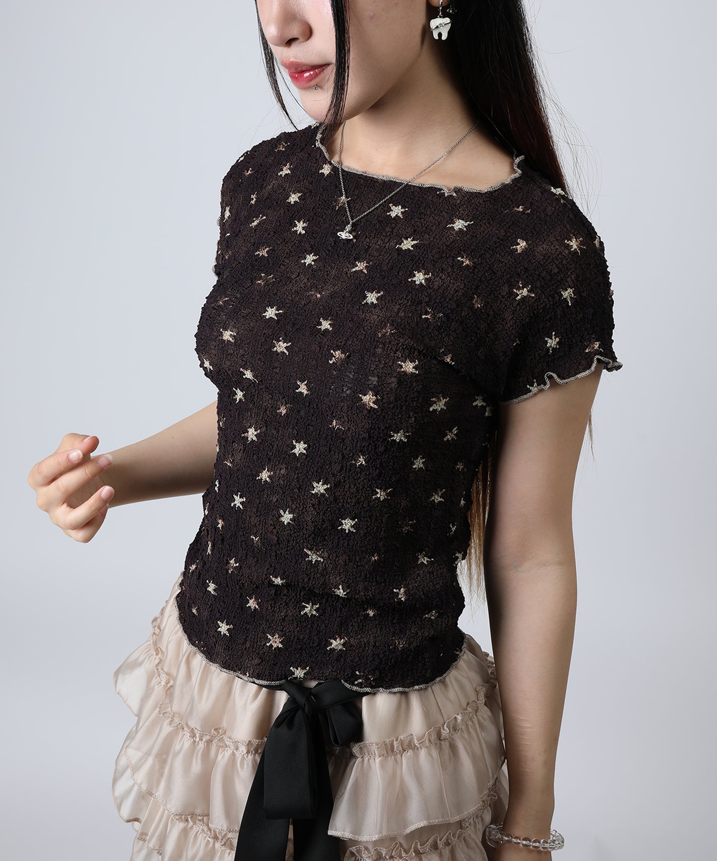 HOOK for girls バブルシフォン総柄クロップドトップス